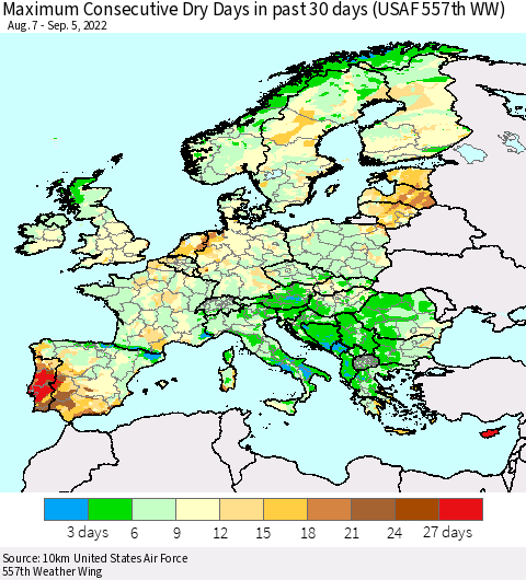 Europe Maximum Consecutive Dry Days in past 30 days (USAF 557th WW) 09/05/2022 Thematic Map For 9/1/2022 - 9/5/2022