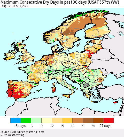 Europe Maximum Consecutive Dry Days in past 30 days (USAF 557th WW) 09/10/2022 Thematic Map For 9/6/2022 - 9/10/2022
