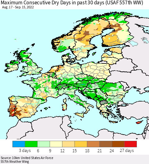 Europe Maximum Consecutive Dry Days in past 30 days (USAF 557th WW) 09/15/2022 Thematic Map For 9/11/2022 - 9/15/2022