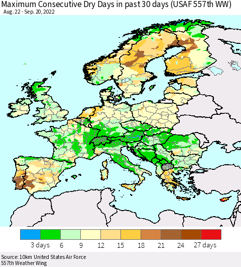 Europe Maximum Consecutive Dry Days in past 30 days (USAF 557th WW) 09/20/2022 Thematic Map For 9/16/2022 - 9/20/2022