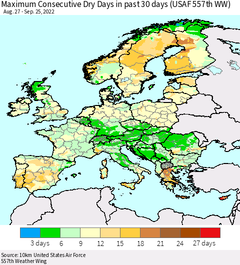 Europe Maximum Consecutive Dry Days in past 30 days (USAF 557th WW) 09/25/2022 Thematic Map For 9/21/2022 - 9/25/2022