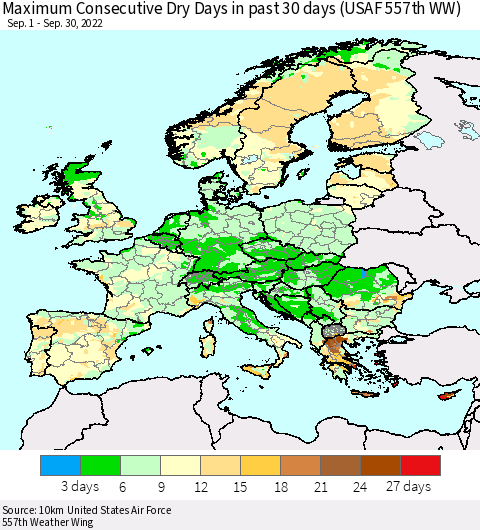 Europe Maximum Consecutive Dry Days in past 30 days (USAF 557th WW) 09/30/2022 Thematic Map For 9/26/2022 - 9/30/2022
