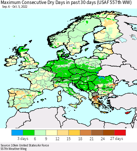 Europe Maximum Consecutive Dry Days in past 30 days (USAF 557th WW) 10/05/2022 Thematic Map For 10/1/2022 - 10/5/2022