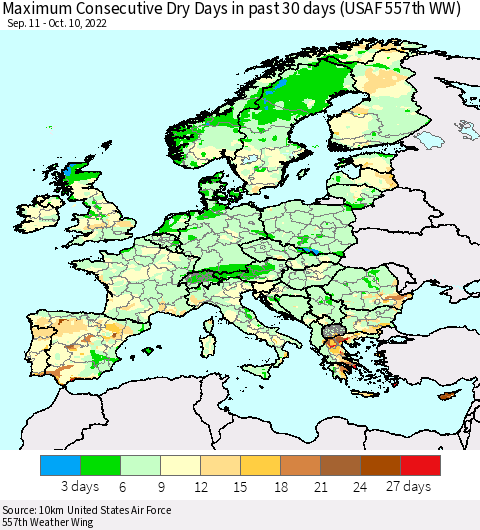 Europe Maximum Consecutive Dry Days in past 30 days (USAF 557th WW) Thematic Map For 10/6/2022 - 10/10/2022