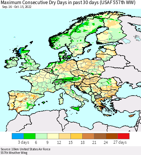 Europe Maximum Consecutive Dry Days in past 30 days (USAF 557th WW) 10/15/2022 Thematic Map For 10/11/2022 - 10/15/2022
