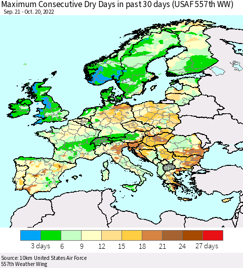 Europe Maximum Consecutive Dry Days in past 30 days (USAF 557th WW) 10/20/2022 Thematic Map For 10/16/2022 - 10/20/2022