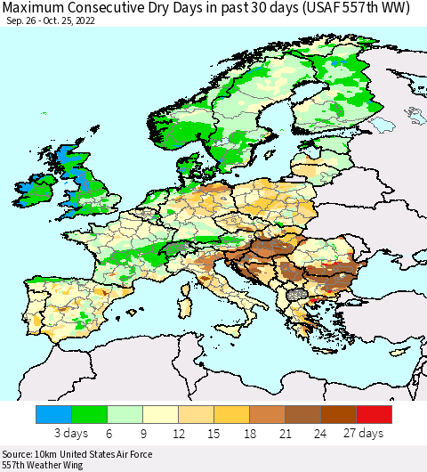 Europe Maximum Consecutive Dry Days in past 30 days (USAF 557th WW) 10/25/2022 Thematic Map For 10/21/2022 - 10/25/2022