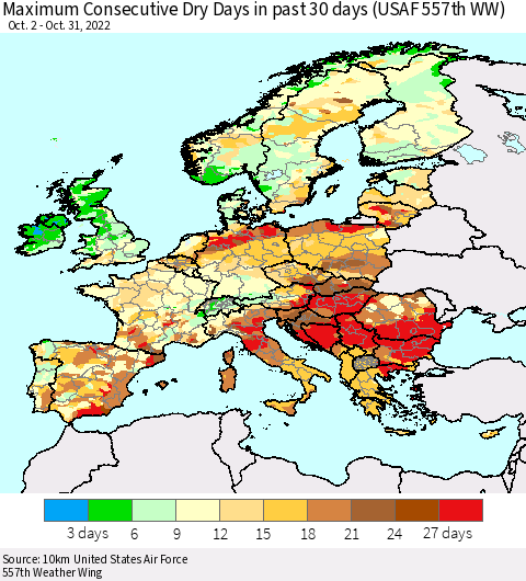 Europe Maximum Consecutive Dry Days in past 30 days (USAF 557th WW) 10/31/2022 Thematic Map For 10/26/2022 - 10/31/2022