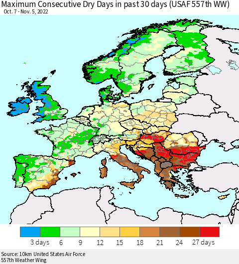 Europe Maximum Consecutive Dry Days in past 30 days (USAF 557th WW) 11/05/2022 Thematic Map For 11/1/2022 - 11/5/2022