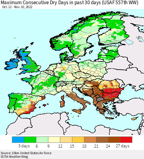 Europe Maximum Consecutive Dry Days in past 30 days (USAF 557th WW) 11/10/2022 Thematic Map For 11/6/2022 - 11/10/2022