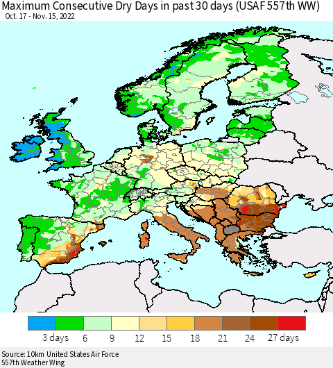 Europe Maximum Consecutive Dry Days in past 30 days (USAF 557th WW) 11/15/2022 Thematic Map For 11/11/2022 - 11/15/2022