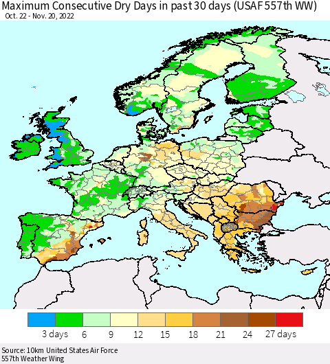 Europe Maximum Consecutive Dry Days in past 30 days (USAF 557th WW) 11/20/2022 Thematic Map For 11/16/2022 - 11/20/2022