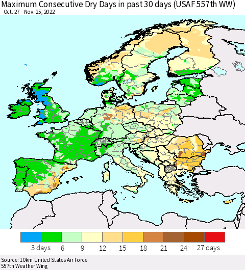 Europe Maximum Consecutive Dry Days in past 30 days (USAF 557th WW) 11/25/2022 Thematic Map For 11/21/2022 - 11/25/2022