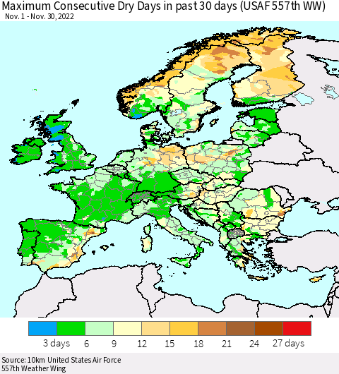 Europe Maximum Consecutive Dry Days in past 30 days (USAF 557th WW) Thematic Map For 11/26/2022 - 11/30/2022