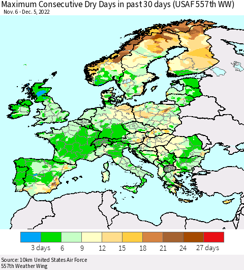 Europe Maximum Consecutive Dry Days in past 30 days (USAF 557th WW) 12/05/2022 Thematic Map For 12/1/2022 - 12/5/2022