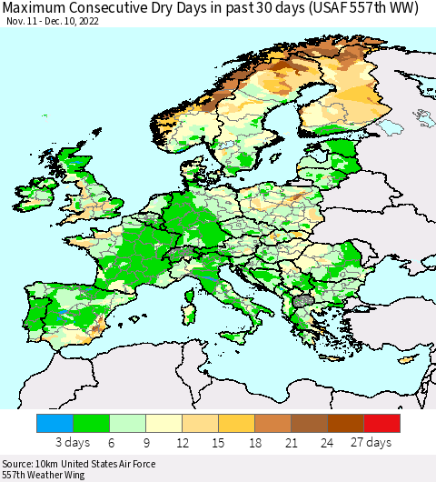 Europe Maximum Consecutive Dry Days in past 30 days (USAF 557th WW) 12/10/2022 Thematic Map For 12/6/2022 - 12/10/2022