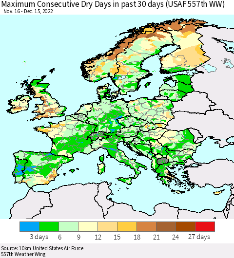 Europe Maximum Consecutive Dry Days in past 30 days (USAF 557th WW) 12/15/2022 Thematic Map For 12/11/2022 - 12/15/2022