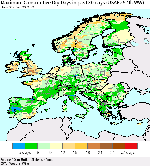 Europe Maximum Consecutive Dry Days in past 30 days (USAF 557th WW) 12/20/2022 Thematic Map For 12/16/2022 - 12/20/2022