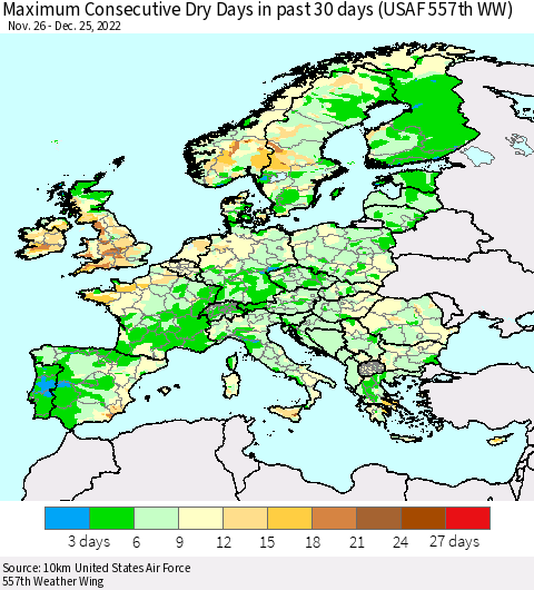 Europe Maximum Consecutive Dry Days in past 30 days (USAF 557th WW) 12/25/2022 Thematic Map For 12/21/2022 - 12/25/2022