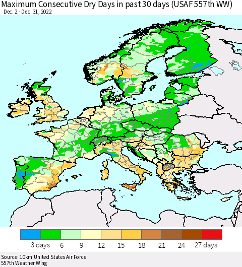 Europe Maximum Consecutive Dry Days in past 30 days (USAF 557th WW) Thematic Map For 12/26/2022 - 12/31/2022