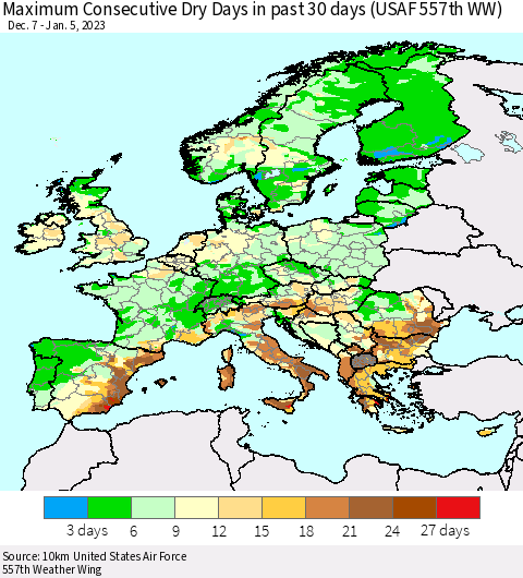 Europe Maximum Consecutive Dry Days in past 30 days (USAF 557th WW) 01/05/2023 Thematic Map For 1/1/2023 - 1/5/2023