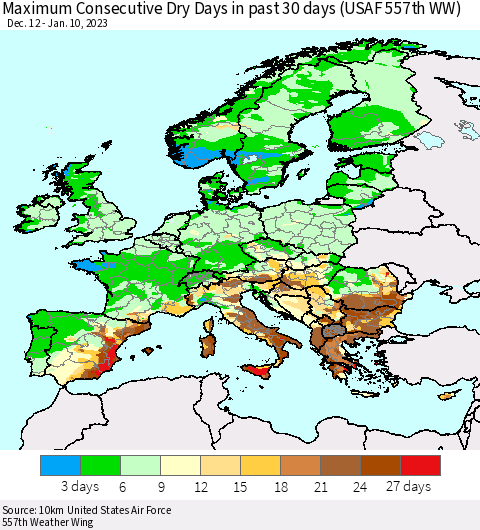 Europe Maximum Consecutive Dry Days in past 30 days (USAF 557th WW) 01/10/2023 Thematic Map For 1/6/2023 - 1/10/2023