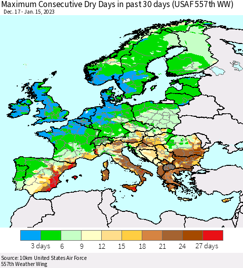 Europe Maximum Consecutive Dry Days in past 30 days (USAF 557th WW) 01/15/2023 Thematic Map For 1/11/2023 - 1/15/2023