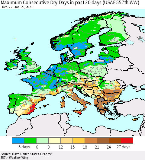 Europe Maximum Consecutive Dry Days in past 30 days (USAF 557th WW) 01/20/2023 Thematic Map For 1/16/2023 - 1/20/2023