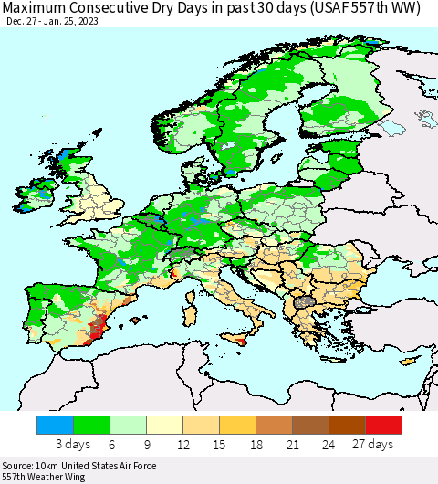 Europe Maximum Consecutive Dry Days in past 30 days (USAF 557th WW) 01/25/2023 Thematic Map For 1/21/2023 - 1/25/2023