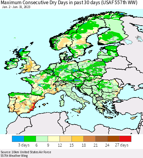 Europe Maximum Consecutive Dry Days in past 30 days (USAF 557th WW) 01/31/2023 Thematic Map For 1/26/2023 - 1/31/2023