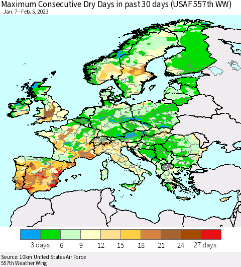 Europe Maximum Consecutive Dry Days in past 30 days (USAF 557th WW) 02/05/2023 Thematic Map For 2/1/2023 - 2/5/2023