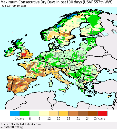 Europe Maximum Consecutive Dry Days in past 30 days (USAF 557th WW) 02/10/2023 Thematic Map For 2/6/2023 - 2/10/2023