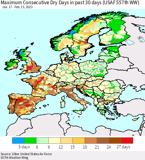 Europe Maximum Consecutive Dry Days in past 30 days (USAF 557th WW) 02/15/2023 Thematic Map For 2/11/2023 - 2/15/2023