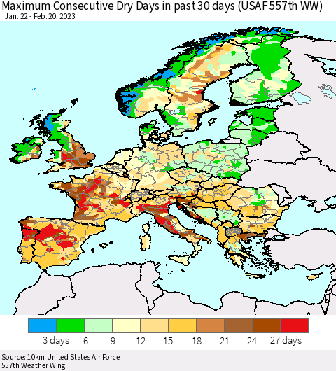 Europe Maximum Consecutive Dry Days in past 30 days (USAF 557th WW) 02/20/2023 Thematic Map For 2/16/2023 - 2/20/2023