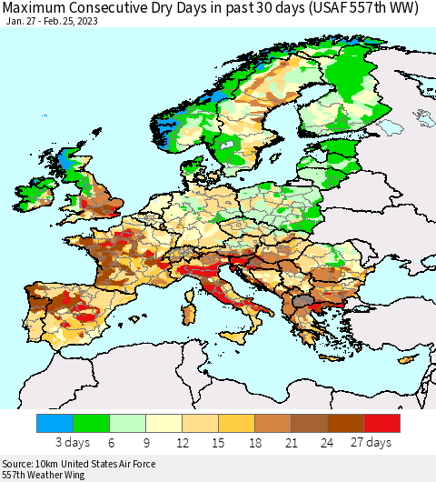 Europe Maximum Consecutive Dry Days in past 30 days (USAF 557th WW) 02/25/2023 Thematic Map For 2/21/2023 - 2/25/2023