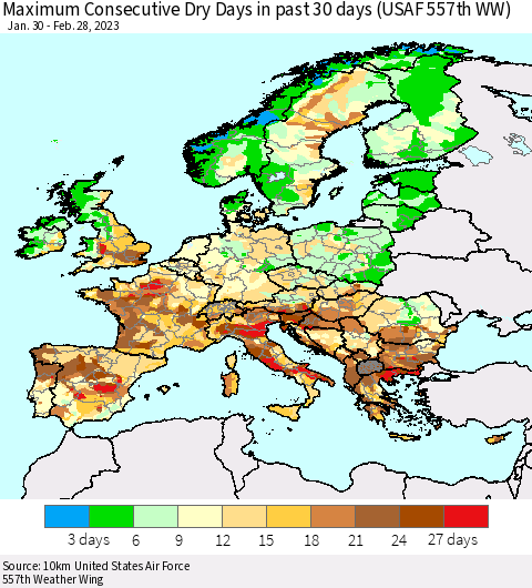 Europe Maximum Consecutive Dry Days in past 30 days (USAF 557th WW) 02/28/2023 Thematic Map For 2/26/2023 - 2/28/2023