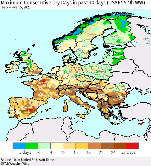 Europe Maximum Consecutive Dry Days in past 30 days (USAF 557th WW) 03/05/2023 Thematic Map For 3/1/2023 - 3/5/2023