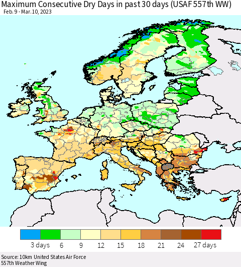 Europe Maximum Consecutive Dry Days in past 30 days (USAF 557th WW) 03/10/2023 Thematic Map For 3/6/2023 - 3/10/2023