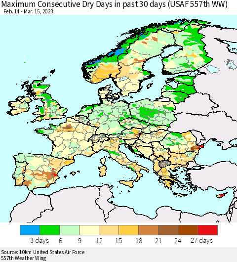Europe Maximum Consecutive Dry Days in past 30 days (USAF 557th WW) 03/15/2023 Thematic Map For 3/11/2023 - 3/15/2023