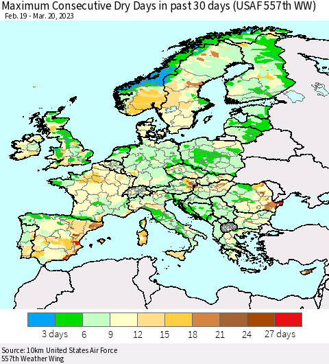 Europe Maximum Consecutive Dry Days in past 30 days (USAF 557th WW) 03/20/2023 Thematic Map For 3/16/2023 - 3/20/2023