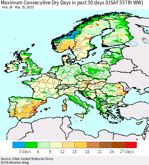 Europe Maximum Consecutive Dry Days in past 30 days (USAF 557th WW) 03/25/2023 Thematic Map For 3/21/2023 - 3/25/2023