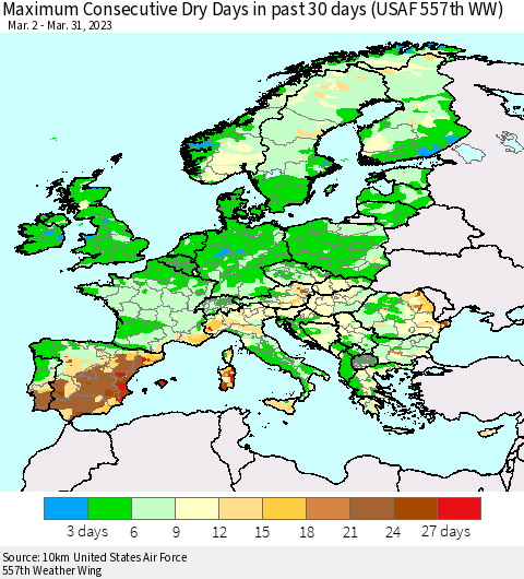 Europe Maximum Consecutive Dry Days in past 30 days (USAF 557th WW) 03/31/2023 Thematic Map For 3/26/2023 - 3/31/2023