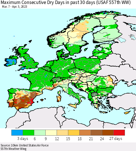 Europe Maximum Consecutive Dry Days in past 30 days (USAF 557th WW) 04/05/2023 Thematic Map For 4/1/2023 - 4/5/2023