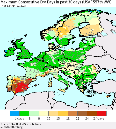 Europe Maximum Consecutive Dry Days in past 30 days (USAF 557th WW) 04/10/2023 Thematic Map For 4/6/2023 - 4/10/2023