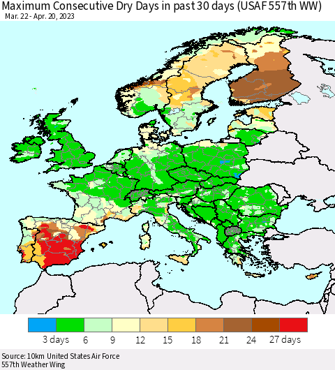 Europe Maximum Consecutive Dry Days in past 30 days (USAF 557th WW) 04/20/2023 Thematic Map For 4/16/2023 - 4/20/2023