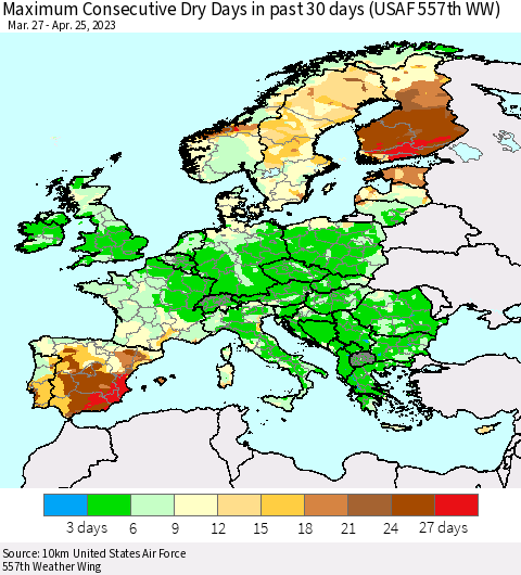 Europe Maximum Consecutive Dry Days in past 30 days (USAF 557th WW) 04/25/2023 Thematic Map For 4/21/2023 - 4/25/2023