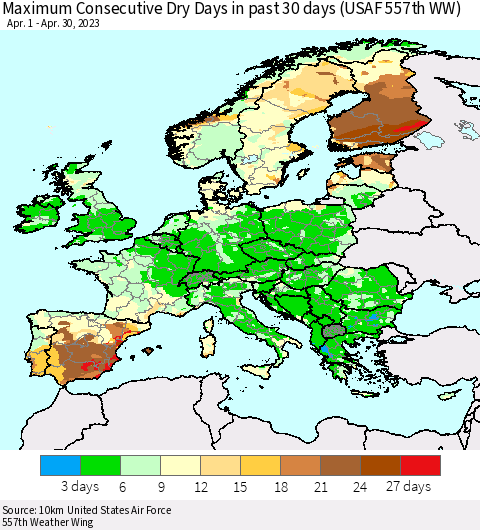 Europe Maximum Consecutive Dry Days in past 30 days (USAF 557th WW) 04/30/2023 Thematic Map For 4/26/2023 - 4/30/2023