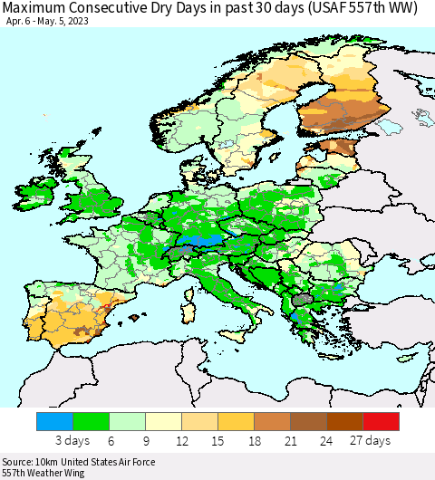 Europe Maximum Consecutive Dry Days in past 30 days (USAF 557th WW) 05/05/2023 Thematic Map For 5/1/2023 - 5/5/2023