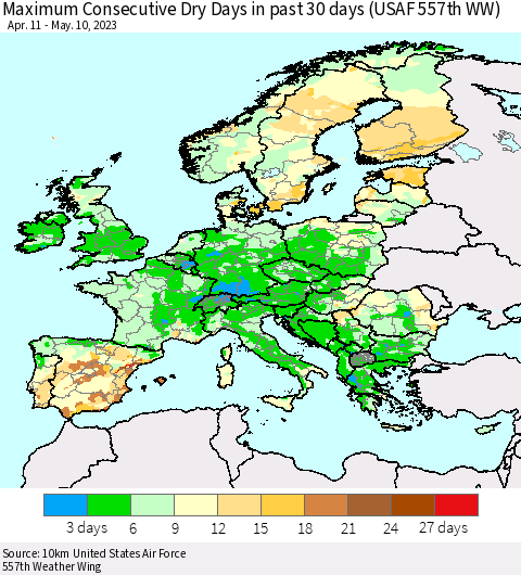 Europe Maximum Consecutive Dry Days in past 30 days (USAF 557th WW) 05/10/2023 Thematic Map For 5/6/2023 - 5/10/2023