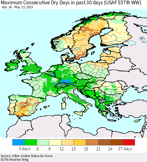 Europe Maximum Consecutive Dry Days in past 30 days (USAF 557th WW) 05/15/2023 Thematic Map For 5/11/2023 - 5/15/2023